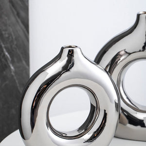 Circle Hollow Ceramic Vase - Silver , 19 cm