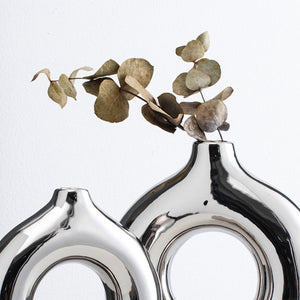 Circle Hollow Ceramic Vase - Silver , 19 cm