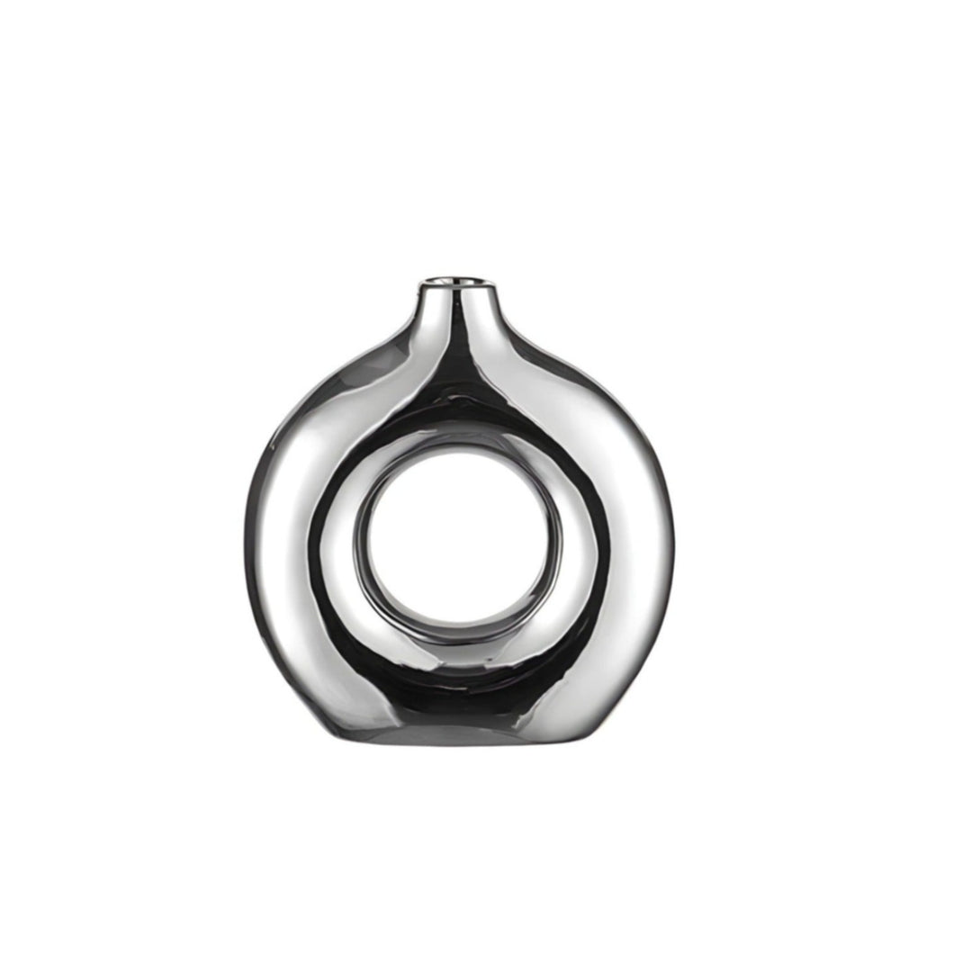 Circle Hollow Ceramic Vase - Silver , 19 cm